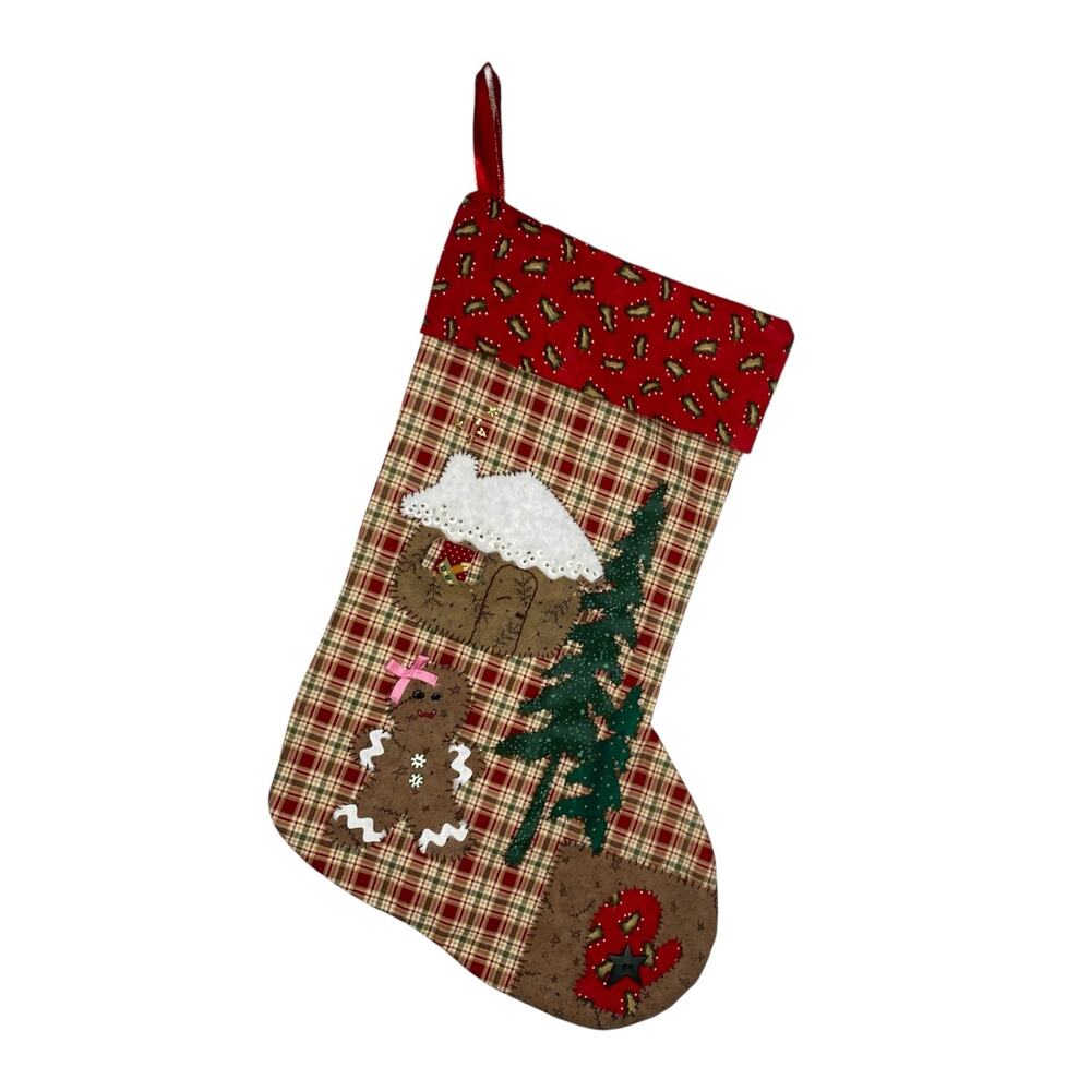VHC Brands Jonathan Plaid Christmas Stocking Gingerbread House Applique Quilted